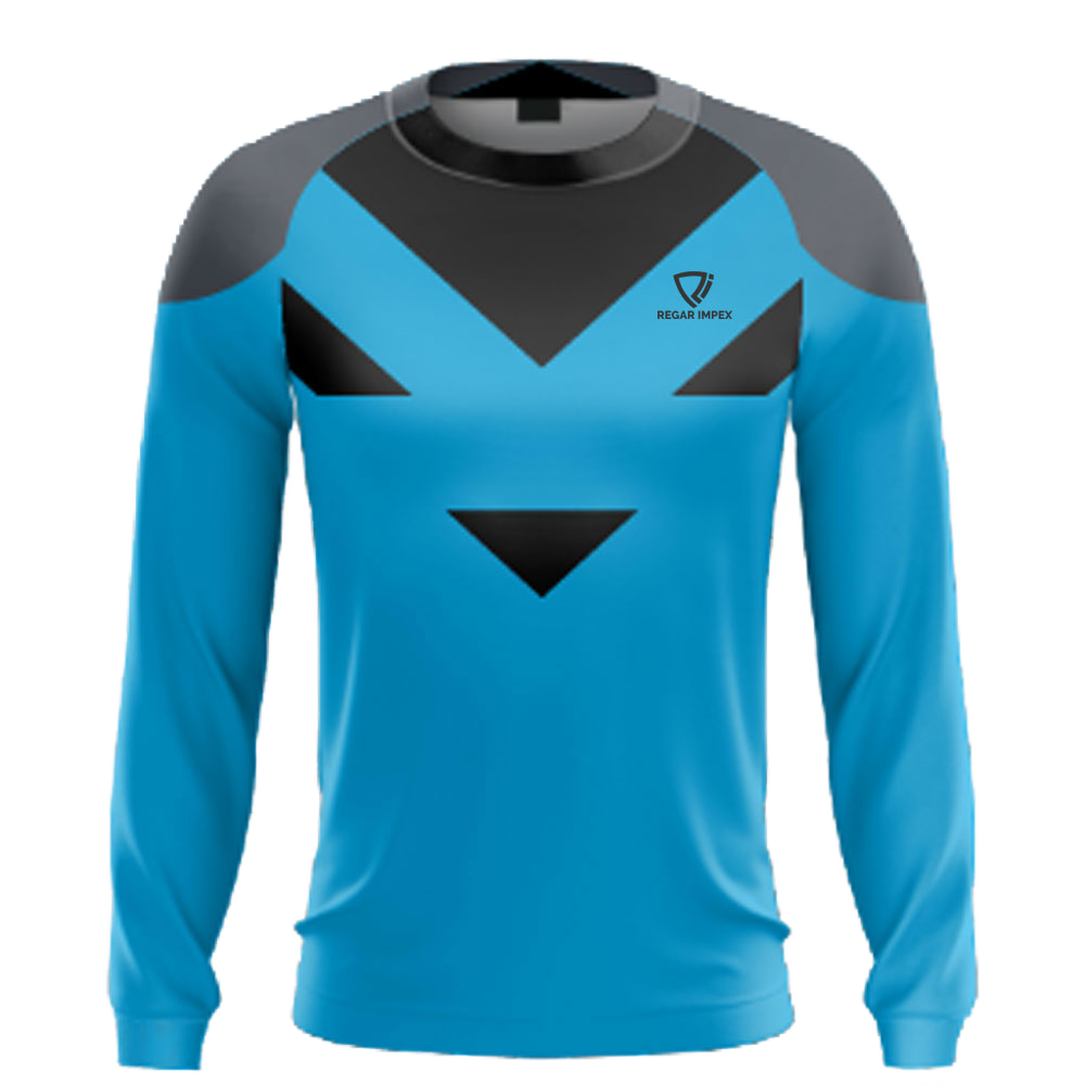 Custom Print Performance Shirt Front View | Regar Impex Custom Print Performance Shirt front view – long-sleeve crewneck sports shirt by Regar Impex, B2B sportswear manufacturer, wholesaler & bulk order provider for men, women, youth