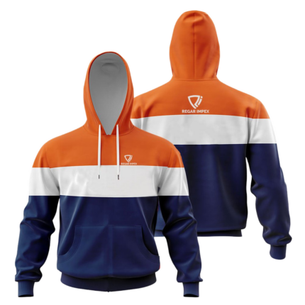 Front and back view of Regar Impex Tri-Band Horizon Pullover Hoodie (SW-HOD-006) featuring architectural OEM Manufacturing for B2B wholesalers; White Label ready for Private Label scaling.
